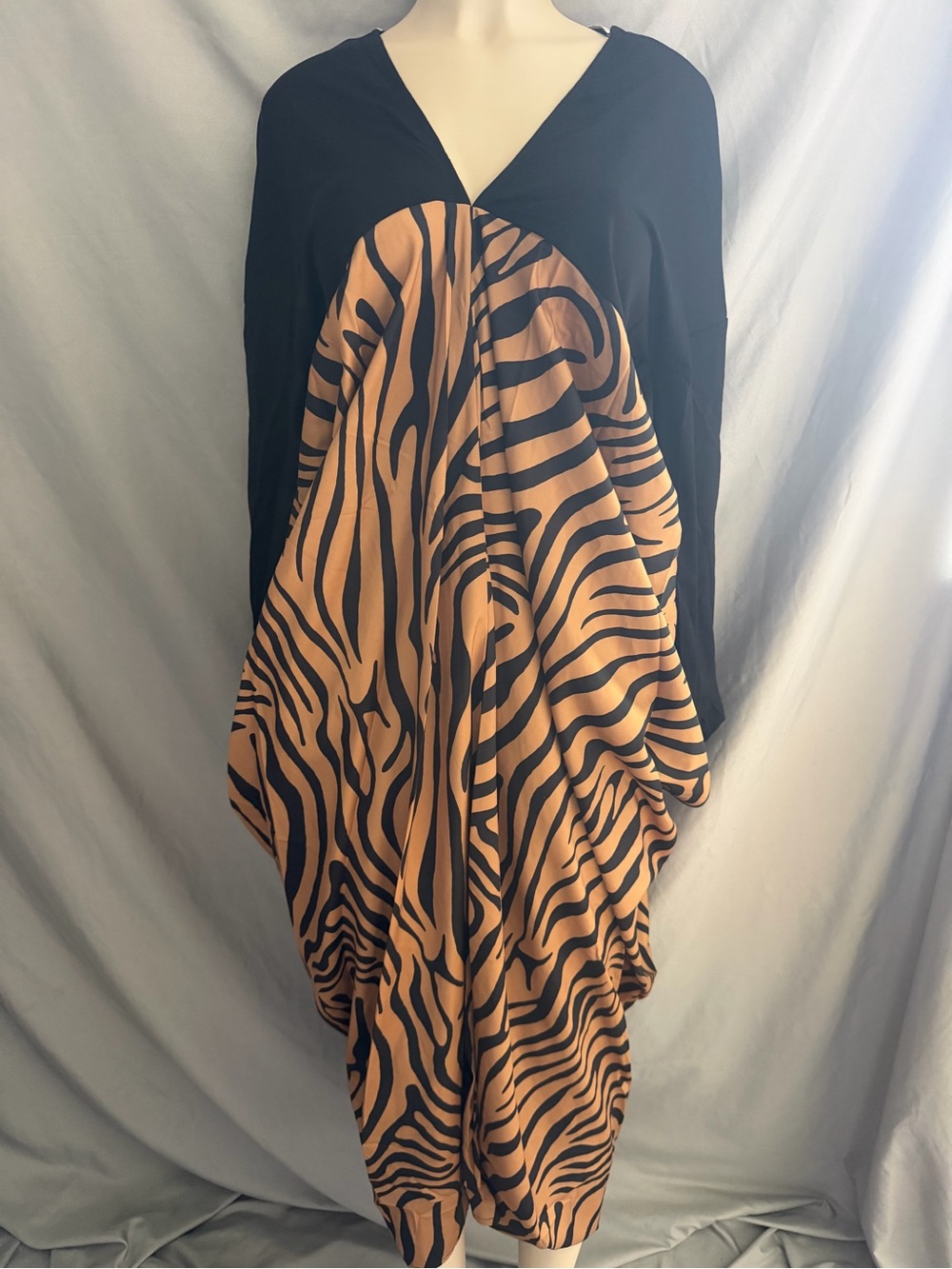 Asymmetrical Black & Tan Zebra-Print V-Neck Dress